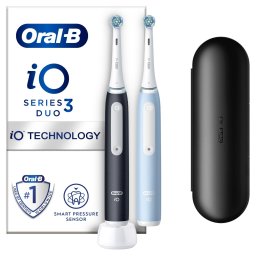 Set 2 x Periuta de dinti electrica Oral-B iO3 cu Tehnologie Magnetica si Micro-Vibratii, Senzor de presiune Smart, 3 moduri, 2 capete, Trusa de calatorie, Negru/Albastru