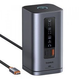 Docking station Baseus Spacemate Series 11-in-1, USB-C la 2x HDMI 4K@60Hz, 2x DP 4K@60Hz, 2x USB-A, 1x USB-C, 1x RJ45, 1x USB-A (480Mbps), 1xUSB-C (PD), 1x 3.5mm Audio, Gri