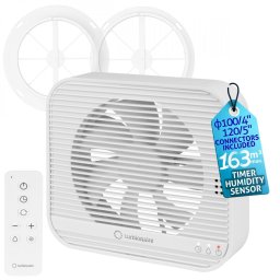 Ventilator de baie Turbionaire Axio 1012 HTR, Senzor umiditate si Timer reglabil, Functie ventilatie continua, Telecomanda, 8 viteze, Conectori si clapete antiretur 100mm si 120mm, Max. 9.2W, Multifuncțional, Debit aer max. 161mc/h, Alb