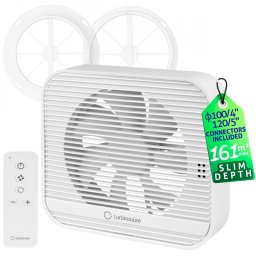 Ventilator de baie Turbionaire Axio 1012 R, Telecomanda, Consum max. 7.8W, 5 viteze + Boost, Motor DC Brushless, Conectori si Clapete anti retur 100 mm si 120 mm, Multifuncțional, Debit aer max. 163mc/h, Alb