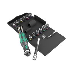 Set clichet compact WERA 8009 Zyklop Pocket Set 4 cu biti, chei tubulare si suport Rapidaptor pentru service mobil 27 piese