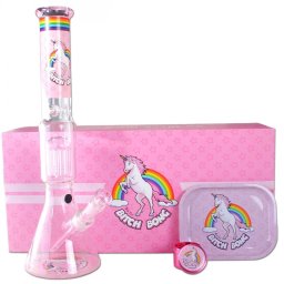 Bong din sticla Black Leaf Bitch Unicorn Piston Percolator in cutie roz 45cm + Cutie cadou