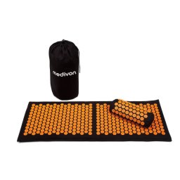 Saltea presopunctura Medivon Chronos, 23x48 cm, Hipoalergenica, Imbunatateste circulatia sangelui si somnul, Inlătura tensiunea musculara, Sac, Negru/Portocaliu