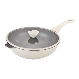 Tigai si seturi TIGAIE TIP WOK DIN ALUMINIU TURNAT SUB PRESIUNE SI ACOPERIRE CERAMICA CU CAPAC DIN STICLA – 30 CM – ZG-ACS 08 CREM