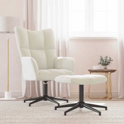 Scaun de relaxare cu taburet, alb crem, catifea GartenMobel Dekor