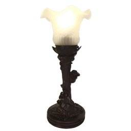 Veioza cu baza din polirasina maro si abajur din sticla alba Tiffany 12x31 cm