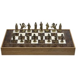 Joc de sah E i Table , Set Deluxe cu Piese din Metal Auriu Argintiu Sculptate Manual