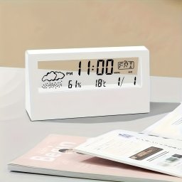 Ceas digital LED, de birou, cu afisaj pentru vreme, temperatura si umiditate, cu alarma, design transparent, PMNT529145 (Culoare: alb)