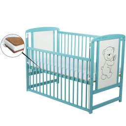 BabyNeeds - Patut din lemn Timmi 120x60 cm, Cu laterala culisanta, Din lemn de pin si mdf, Stabil si rezistent, Inaltime saltea reglabila pe 3 nivele, Laterala cu 3 bete detasabile, EN716-1, EN716-2, Mint + Saltea 12 cm