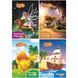 Set 4 caiete de colorat razuibile cu diverse teme si cu 12 culori, rechizite scolare, multicolor, 19 cm X 13 cm