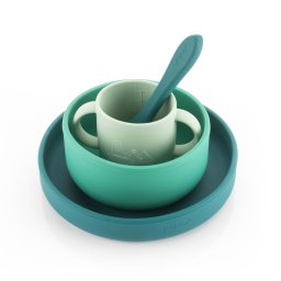 Set 4 piese vesela din silicon pentru mancarea copiilor (farfurie, castron, canuta, lingurita), fara BPA, lavabile in masina de spalat vase, de la 6 luni, verde, Reer