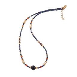 Colier Azurit sfere fatetate 2mm, Sidef rondele 4mm, Carneol 3mm, elemente aurii si Onix sfera 8mm
