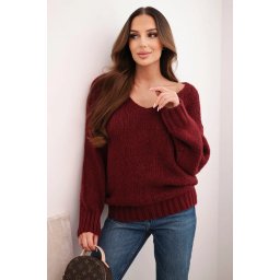 Kesi Włoski Women's soft knit sweater with a V-neck burgundy