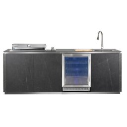 Bucatarie exterior placata ceramica, gratar gaz inox 3 arzatoare, arzator infrarosu, chiuveta, frigider 150 l, Buschbeck Derby