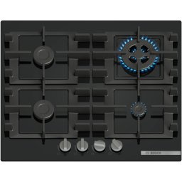 Plita incorporabila Bosch PNH6B6K40, Gaz, 4 arazatoare, Gratar fonta, Arazator Wok, 60 cm, Sticla neagra