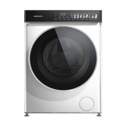 Masina de spalat rufe Daewoo, 9 kg, motor DIRECT DRIVE inverter, 1400 rpm, clasa A, 12 programe, butoane touch, panou de control negru cu pictograme mari colorate, usa dubla neagra cu inel cromat, culoare Alb