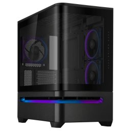 Carcasa Asus AP202 Small Tower ARGB NEGRU, Tempered Glass, Sloturi Expansiune 4, Drive Bays: 2x2.5"/3.5" Combo, Ventilatoare Suportate: 6 (spate: 1x120mm, sus: 3x120mm sau 2x140mm, lateral: 2x120mm), Ventilatoare Incluse: 3 (spate: 1x120mm, lateral:2x120m