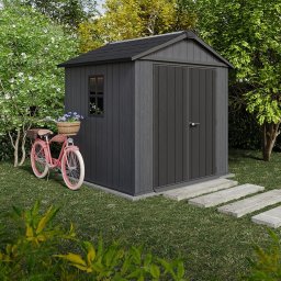 Casuta de gradina, Keter, gri, colectie Newton Plus, 7x7.5, podea, ventilatie, usa dubla, intrare laterala