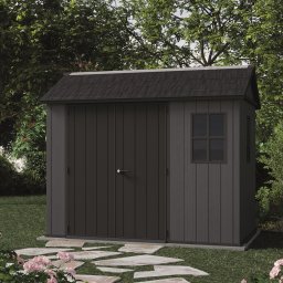 Casuta de gradina, Keter, gri, colectie Newton Plus, 9x7.5, podea, ventilatie, usa dubla, intrare laterala, ransforsare metalica