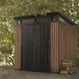 Casuta de gradina, Keter, maro, 7x7, colectie Signature, cu usa dubla, cu ferestre, cu ventilatie, cu ranforsare metalica