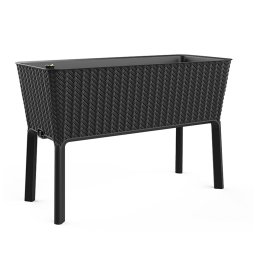 Jardiniera de gradina, antracit, polipropilena, Keter, colectia Splendor, pentru terasa si balcon, forma rectangulara inaltata, cu sistem de irigare si robinet de scurgere