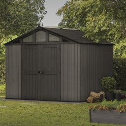 Casuta de gradina, Keter, Gri, colectie Stronghold, 10x8, material Evotech, usa dubla, podea, ventilatie, ranforsare metalica