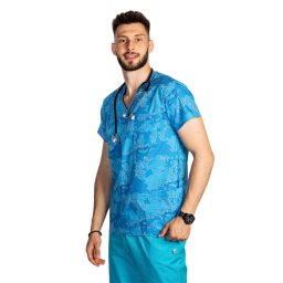 OUTLET Halat medical imprimat Blue Army, model barbati, cu trei buzunare aplicate