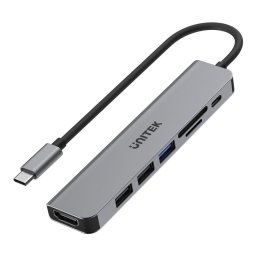 Hub Unitek H1118A USB-C 7 in 1, USB-A x3, USB-C, HDMI, SD, microSD, Gri Inchis