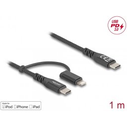 Cablu 2 in 1 USB Type C la USB Type-C / Lightning iPhone/iPad MFi 60W 1m, Delock 81170