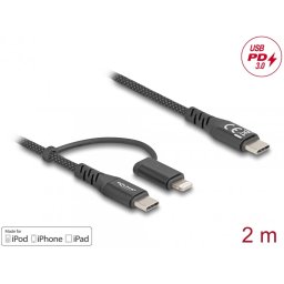 Cablu 2 in 1 USB Type C la USB Type-C / Lightning iPhone/iPad MFi 60W 2m, Delock 81171