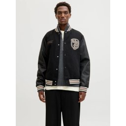 Jack & Jones Jacheta barbati, MEADOWS COLLEGE BOMBER, cu buzunare oblice fara fermoar, inchidere cu capse, Negru (SELECTATI MARIMEA: 2XL)