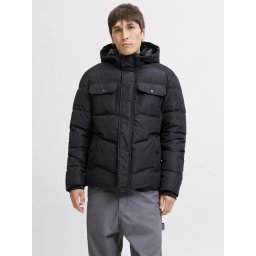 Jack & Jones Geaca barbati, MORGAN PUFFER, cu gluga detasabila, Negru (SELECTATI MARIMEA: 2XL)