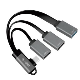 HUB extern LOGILINK, porturi USB: USB 2.0 x 2 + USB 3.0 x 1, conectare prin USB-C 3.2 Gen1 90 grade, 0.15m flat, aluminiu, ecranaj, negru-gri, UA0361 (timbru verde 0.18 lei)