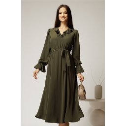 Rochie DY Fashion kaki din voal plin cu decolteu in V si volanase