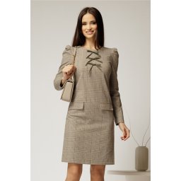 Rochie DY Fashion scurta din stofa carou bej si bleu cu funde pe bust