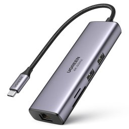 HUB multifunctional Ugreen 7in1 USB Type C - 2x USB 3.2 Gen 1 / HDMI 4K 60Hz / Cititor de carduri SD si TF / USB Tip C PD 100W / RJ45 1000Mbps (1Gbps) gri (60515 CM512)