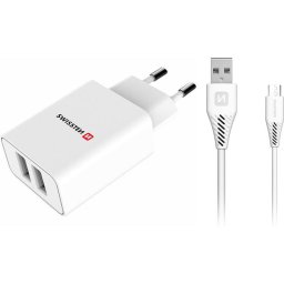 Incarcator de retea cu cablu MicroUSB Travel, 2 X USB, 2.1A, Alb
