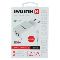 Incarcator de retea SMART IC WITH 2x USB 2,1A POWER + DATA CABLE USB / LIGHTNING 1,2 M WHITE