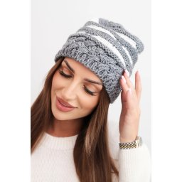Kesi Women's winter hat with wool in a thick knit and stripes K465 gray + white
