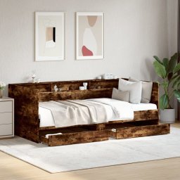 Pat de Zi cu Sertare si Polite, Single pentru 1 Persoana 90x200 cm, Lemn Prelucrat Stejar Fumuriu