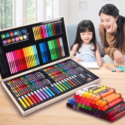 Set 180 piese pentru desen pentru copii sau adulti, creioane colorate, vopsele si markere, cu geanta de transport din LEMN MASIV, model AVX-WT-ART-10 FAVLine Selection