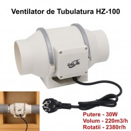 Ventilator Profesional pentru Tubulatura in Linie HZ-100, Putere 30W, Debit 220m3/h, 100mm - Dalbi HZ-100