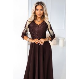 Rochie lungă elegantă din dantelă cu decolteu - ciocolatiu