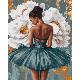Set pictura pe numere, cu sasiu, Balerina cu bujori albi - vopsele metalizate, 40x50 cm