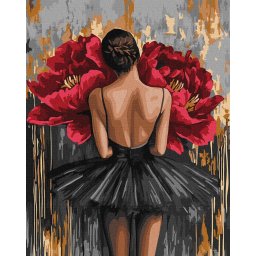 Set pictura pe numere, cu sasiu, Balerina cu bujori rosii - vopsele metalizate, 40x50 cm