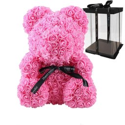 Ursulet din flori trandafiri de spuma roz 25 cm + cutie