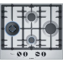 Plita incorporabila Bosch PCI6A5B90, Serie 6, 60 cm, inox, plita pe gaz cu tehnologie FlameSelect, 4 arzatoare, 1 WOK, suport din fonta