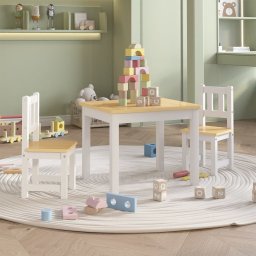 Set masa&scaune pentru copii, 3 piese, alb si bej, MDF GartenMobel Dekor