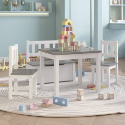 Set masa&scaune pentru copii, 4 piese, alb si gri, MDF GartenMobel Dekor