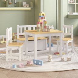 Set masa&scaune pentru copii, 4 piese, alb si bej, MDF GartenMobel Dekor